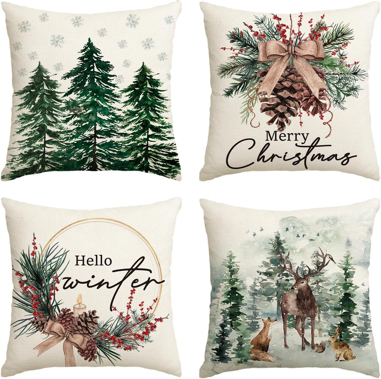 Merry Christmas Trees, Reindeer & Snowflake Throw Pillow Covers, 18x18 Inch Red Berries Holiday Cushion Cases for Sofa & Couch, Set of 4